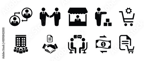 Business finance icons set depicting teamwork handshake market stall sales meeting money exchange contract deal office building people vector graphics