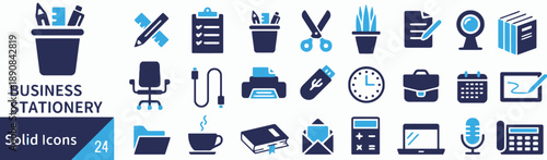 Business stationery icons, modern flat design vector graphics for office and work essentials, includes desk, computer, printer, and writing tools