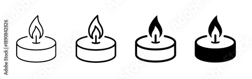 Candle icons in various styles including outline and solid black. Representing light, warmth, ambiance, and remembrance. Simple and elegant designs for use in diverse projects.