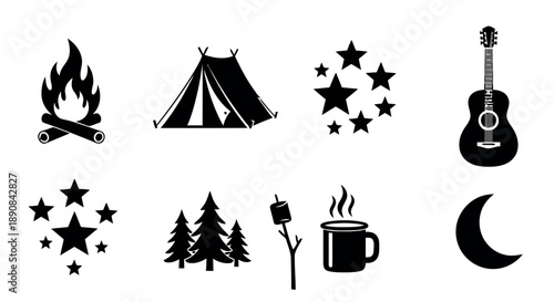 Camping and outdoor recreation icons, including campfire, tent, guitar, stars, trees, marshmallow, and moon, perfect for adventure themes