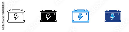 Car battery icon in four styles: outline, solid black, blue and white, and dark blue