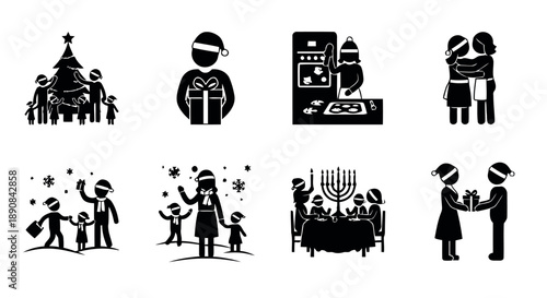 Christmas and winter holiday celebrations with family, gift giving, decorating tree, cooking, caroling, snow, Hanukkah menorah for festive seasonal greetings and winter season joy