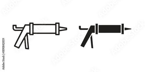 Caulking gun in outline and solid black graphic representation, sealant tool and construction application concept