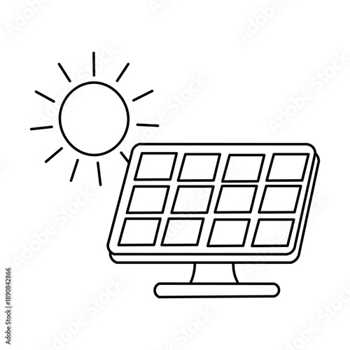Outline illustration of a solar panel converting sunlight into energy, representing renewable power.