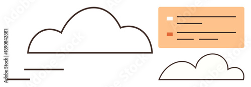 Cloud storage, data sharing, network services, digital innovation, technology infrastructure, computing systems. Minimalist cloud shapes with a text box and lines. Cloud storage and data sharing