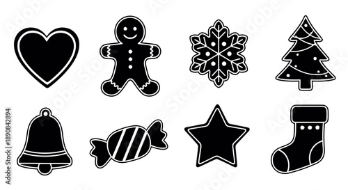Christmas icons: heart, gingerbread man, snowflake, tree, bell, candy, star, stocking, festive symbols for holiday season greetings and decorations