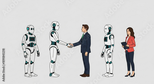 Businessman shaking hands with robot among other robots and woman