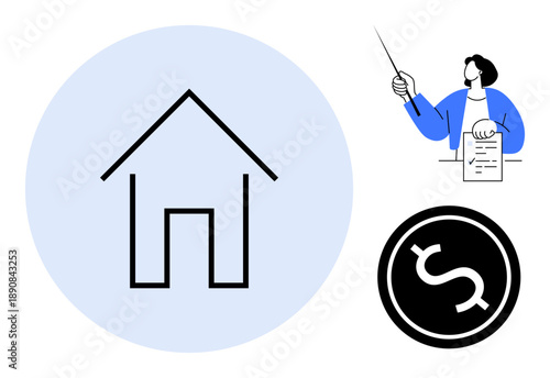 Home outline, financial advisor with documents, and a dollar coin. Ideal for real estate, housing finance, budgeting, investment planning, mortgage advice, saving strategy simple flat metaphor