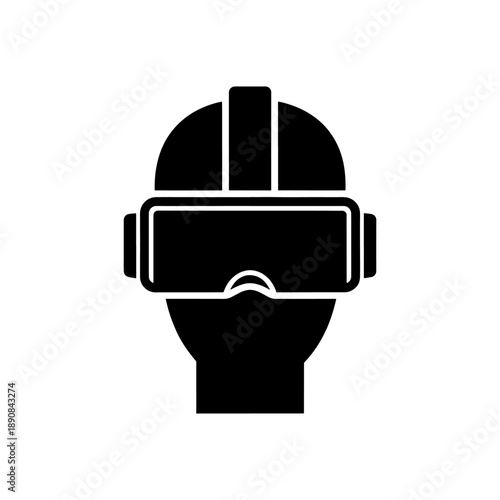 A minimalist black icon depicts a head wearing virtual reality goggles showcasing emerging technology and immersive experiences presented as a silhouette high quality