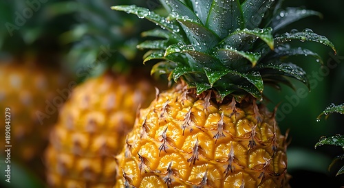 Pineapple natural fruit closeup with fresh dew drops image