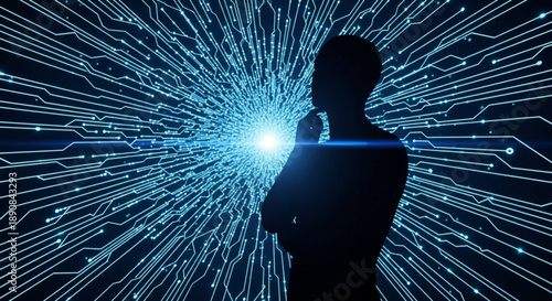 Silhouette person thinking in front glowing blue circuit background