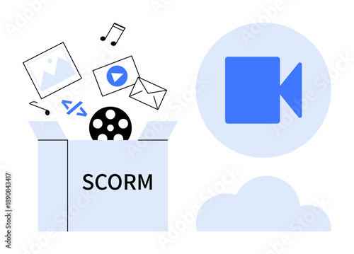 E-learning, content sharing, digital education, file management, video hosting, cloud solutions. SCORM box with multimedia icons and cloud graphic. E-learning and content sharing concepts