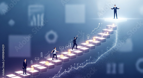Businessmen climbing up glowing staircase with graphs and charts