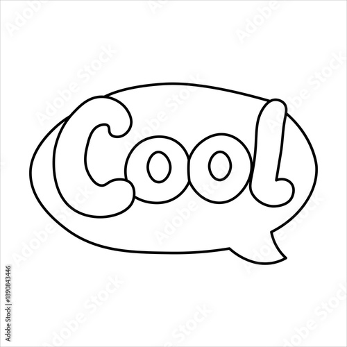 Black and white outline drawing of a speech bubble with the word 'Cool' inside, representing a simple graphic design element.