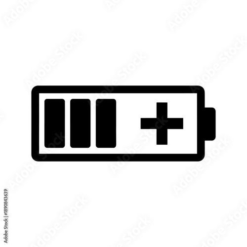 A simple black icon depicts a partially charged battery with a positive symbol showcasing power and energy levels silhouette high quality professional detailed
