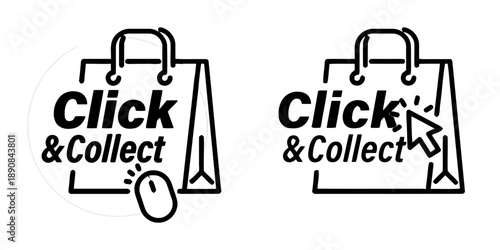 Click and collect shopping bag icons, online order pickup service, e-commerce convenience, retail store digital purchase, customer order process symbol