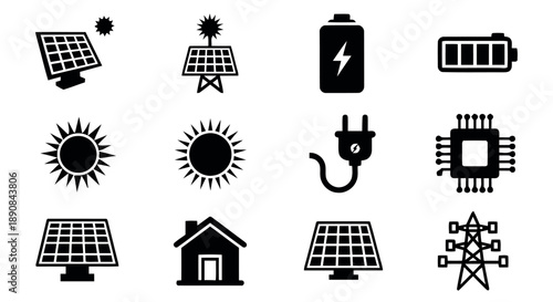 Clean icons representing renewable energy and technology, featuring solar panels, batteries, sun, electric plug, and microchip