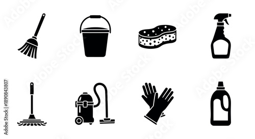 Cleaning supplies icons: broom, mop, bucket, sponge, vacuum cleaner, spray bottle, gloves, detergent for housekeeping and janitorial services