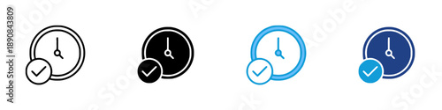 Clock with check mark icons in various styles line art solid filled blue and dark blue for time management deadline completion success approval