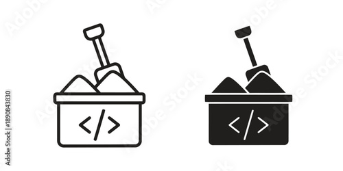 Coding in sand icon, set includes outline and filled versions, representing web development and digital creation