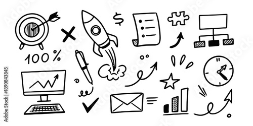 Collection of business and strategy related doodle icons: target rocket checklist chart computer pen envelope clock puzzle and more, hand drawn simple sketch elements
