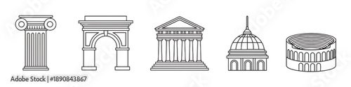 Collection of classical architectural elements including a Corinthian column, triumphal arch, Greek temple, dome building, and Roman amphitheater, in outline style