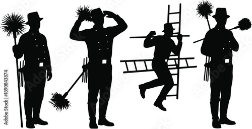 Collection of chimney sweep silhouettes in various poses, holding brushes and tools, ready for industrial or historical illustrations.