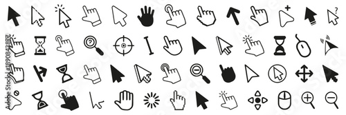 Collection of cursor icons, pointers, mouse cursors, and navigation arrows for digital interfaces