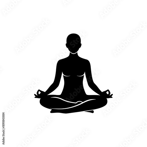 A serene depiction of a woman meditating in the lotus position showcasing a minimalist black form against a white background silhouette high quality