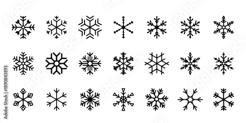 Collection of diverse snowflake icons, unique winter frost crystals, decorative snow patterns for holiday design, cold weather elements, seasonal symbols