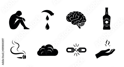 Collection of eight black silhouette icons representing struggle, sadness, and coping mechanisms including sad person, tear drop, brain, bottle, cigarette, cloud, broken chain, and hand with flame.