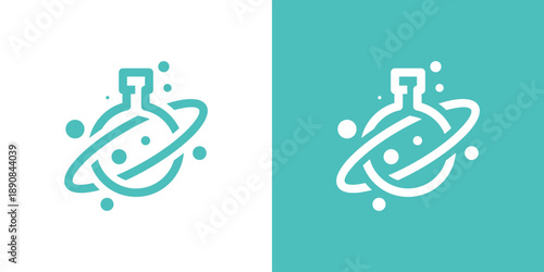 Dual meaning logo combining lab and molecule elements, symbolizing research, science, innovation, and advanced laboratory technology solutions.