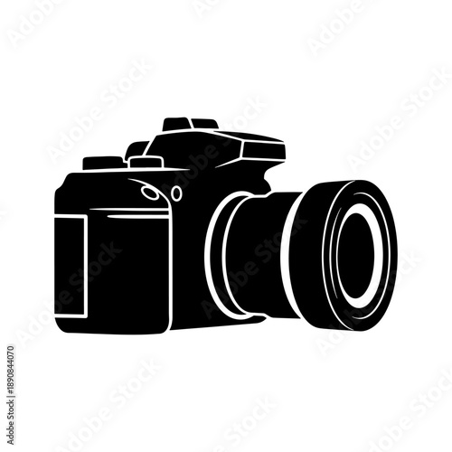 A detailed black and white illustration showcases a classic digital slr camera presenting a striking visual representation as a silhouette high quality professional