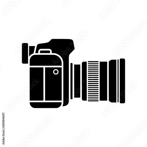 A stark black icon depicts a professional digital slr camera showcasing its complex form and details in silhouette high quality detailed modern elegant