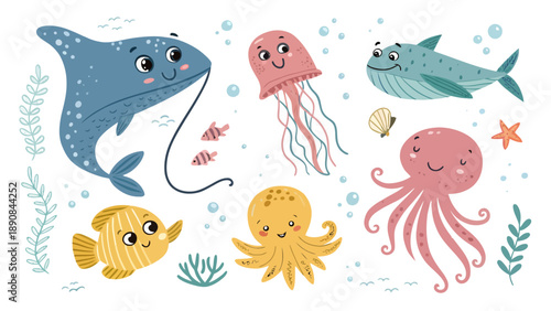 Friendly sea creatures swim together in ocean scene