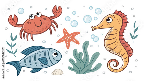 Colorful cartoon ocean creatures with seaweed and bubbles