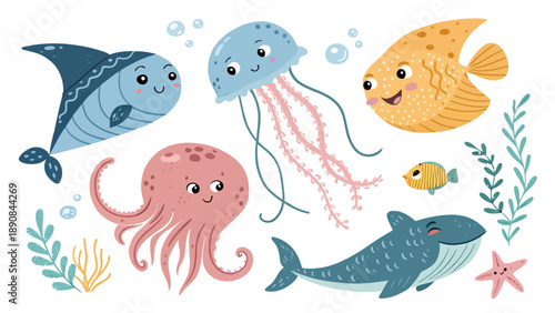 Colorful cartoon sea creatures swim together in ocean scene