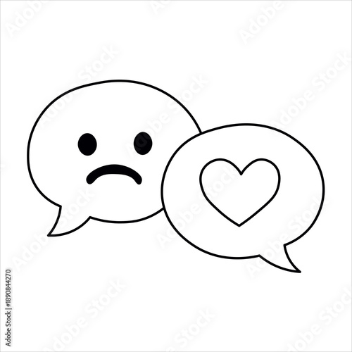 A sad face emoji in a speech bubble next to a speech bubble with a heart symbol inside, representing emotional communication.