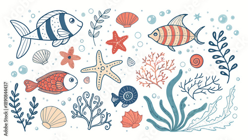 Vibrant underwater scene with colorful fish, starfish, and coral