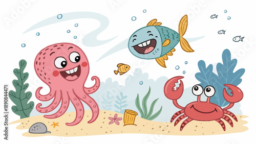 Friendly sea creatures playing together underwater