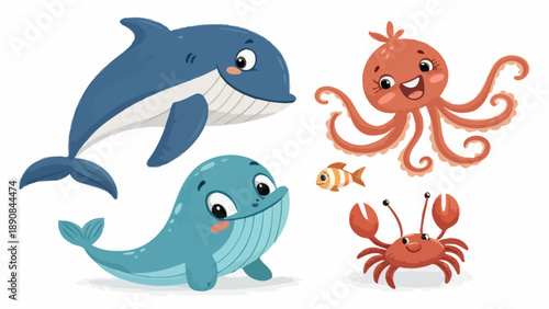 Friendly sea creatures playing together in ocean