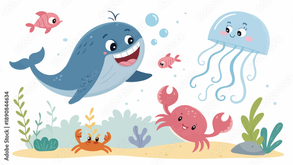 Naklejka premium Friendly sea creatures play together under the ocean