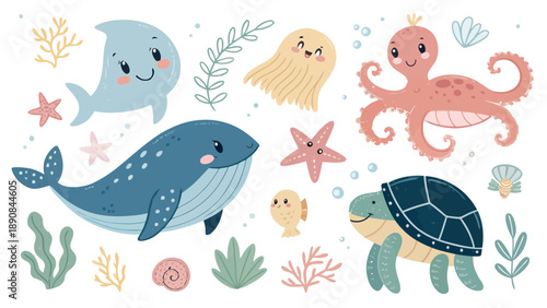 Adorable underwater scene with cartoon sea creatures and plants