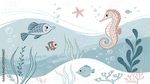 Whimsical underwater scene with seahorse and fish swimming together