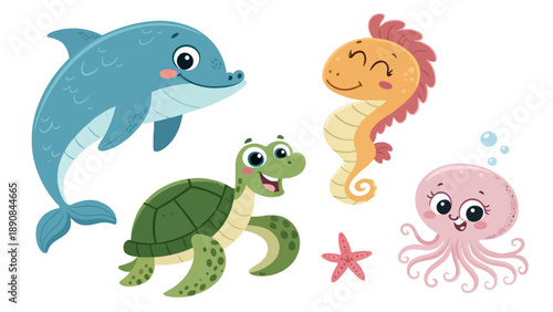 Friendly sea creatures smiling together in ocean scene