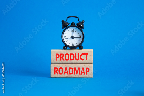Product Roadmap symbol. Concept word Product Roadmap on wooden blocks. Beautiful blue background with alarm clock. Business and Product Roadmap concept. Copy space