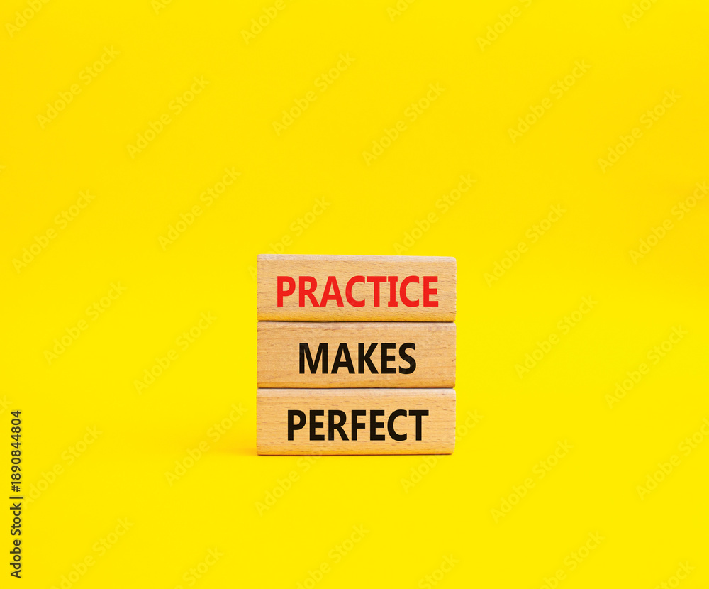 Naklejka premium Practice Makes Perfect symbol. Wooden blocks with words Practice Makes Perfect. Beautiful yellow background. Business and Practice Makes Perfect concept. Copy space.