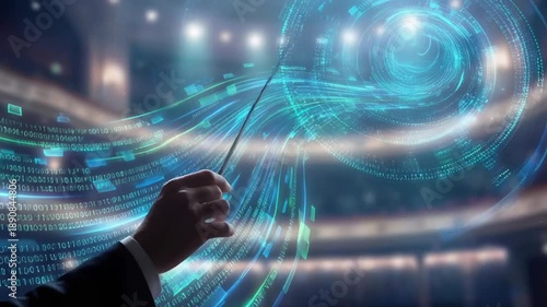 Digital ai conductor agentic multi agent collaboration orchestra concept grand theater with abstract data stream wave binary flow over theatre