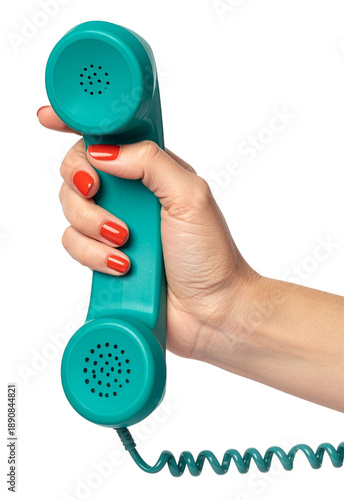 hand holding telephone receiver in teal green color isolated on white background