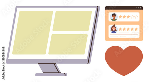 Online reviews, customer feedback, user interface design, ratings, business services, digital engagement. A computer screen, feedback display and heart icon. Online reviews and customer feedback
